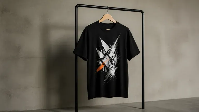 A T-shirt with a bold high-contrast graphic hanging on a simple clothes rail