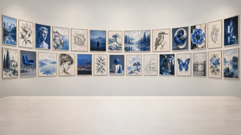 An arc of about thirty small framed prints in many visual media