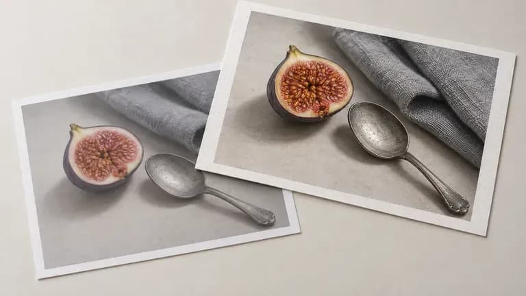 A quick proof print and a refined final print of the same still life