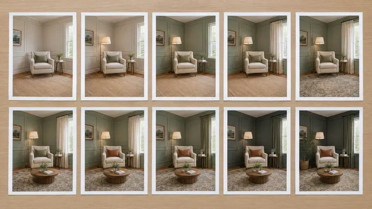 Ten prints of the same room corner laid out in two rows, each adding one change