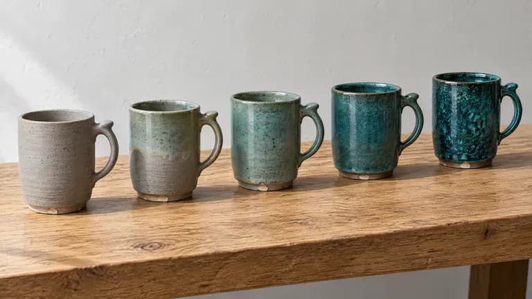 Five stoneware mugs in a row showing one cumulative glaze change per step