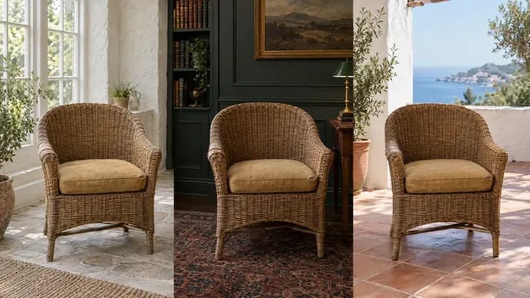 The same rattan armchair photographed in three different rooms