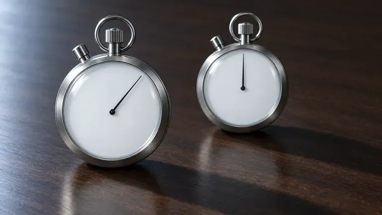 Two brushed steel stopwatches with blank dials on dark walnut