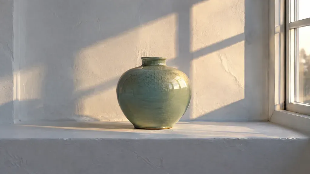 A crackle-glazed ceramic vase on a sunlit windowsill in a plastered room