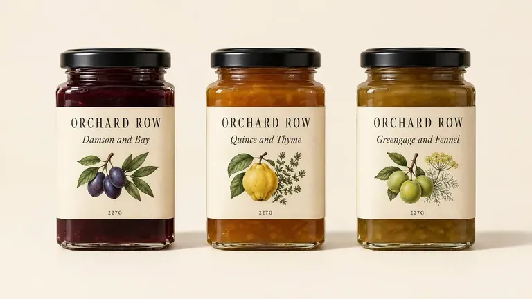 Three preserve jar label comps carrying exact product names and weights