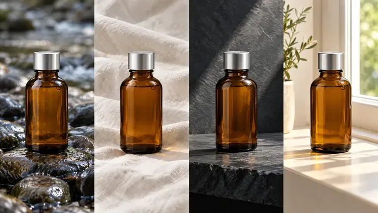 The same amber apothecary bottle photographed in four different settings