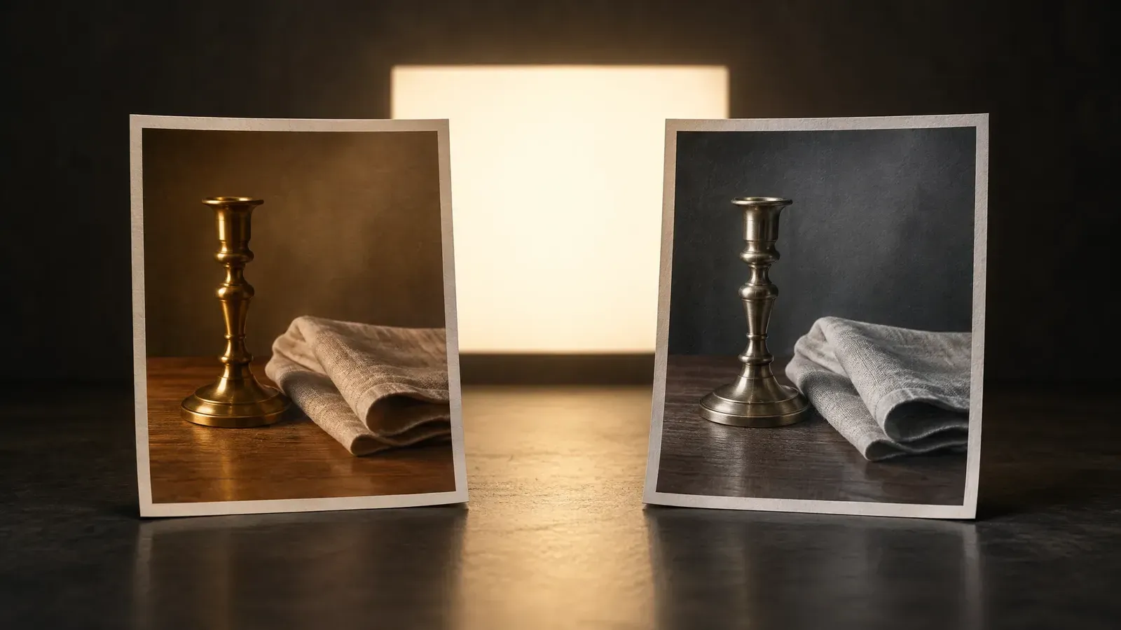 Two photographic prints of the same still life standing before a single glowing source plane