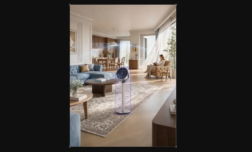 A detected air-purifier layer outlined within the living-room scene