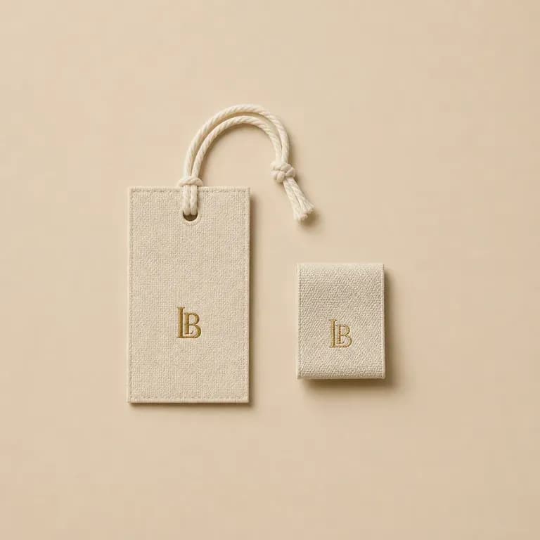 A compact lettermark embossed on a fabric swing tag and a folded garment label
