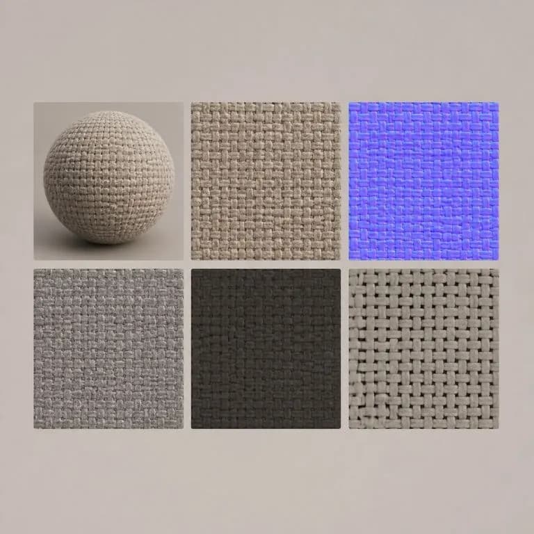 A six-tile material set derived from a woven textile photographed on a phone