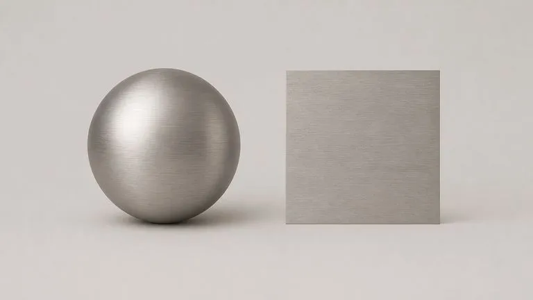 A material sphere rendered in brushed metal beside a flat desaturated base colour tile of the same metal