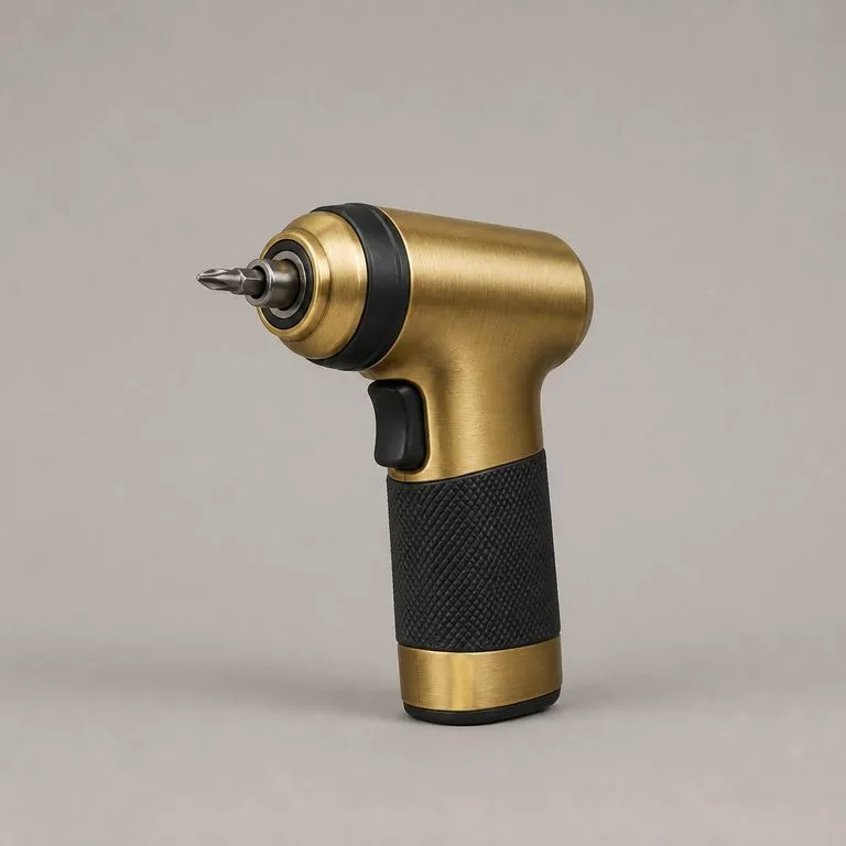 A cordless screwdriver with a metal body and its rubber grip and seal left untouched