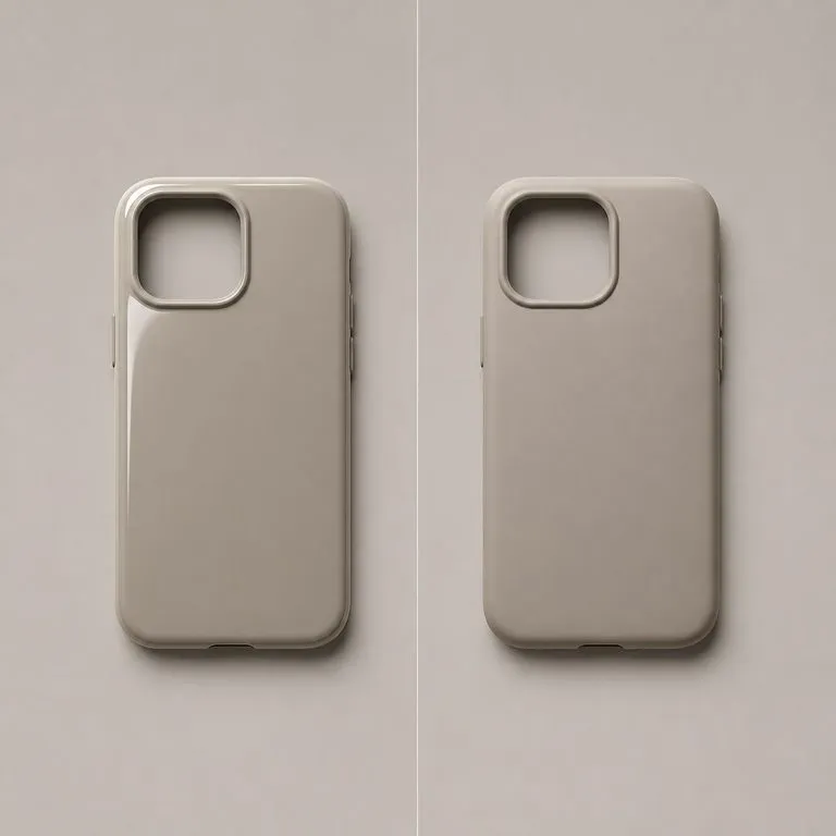 A phone case shown twice, glossy on the left and matte on the right, with the key light in the same place