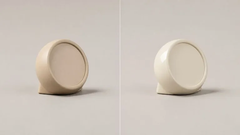 A desk clock shown twice, matte on the left and glossy on the right, lit from the same side
